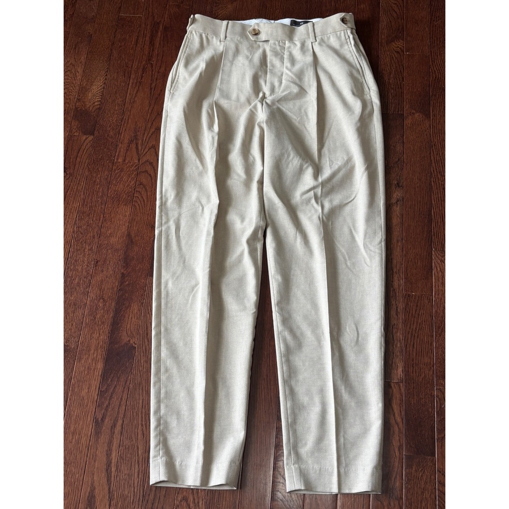 H&M Pleated Linen Blend Side Tab Dress Pants Beige 33x30